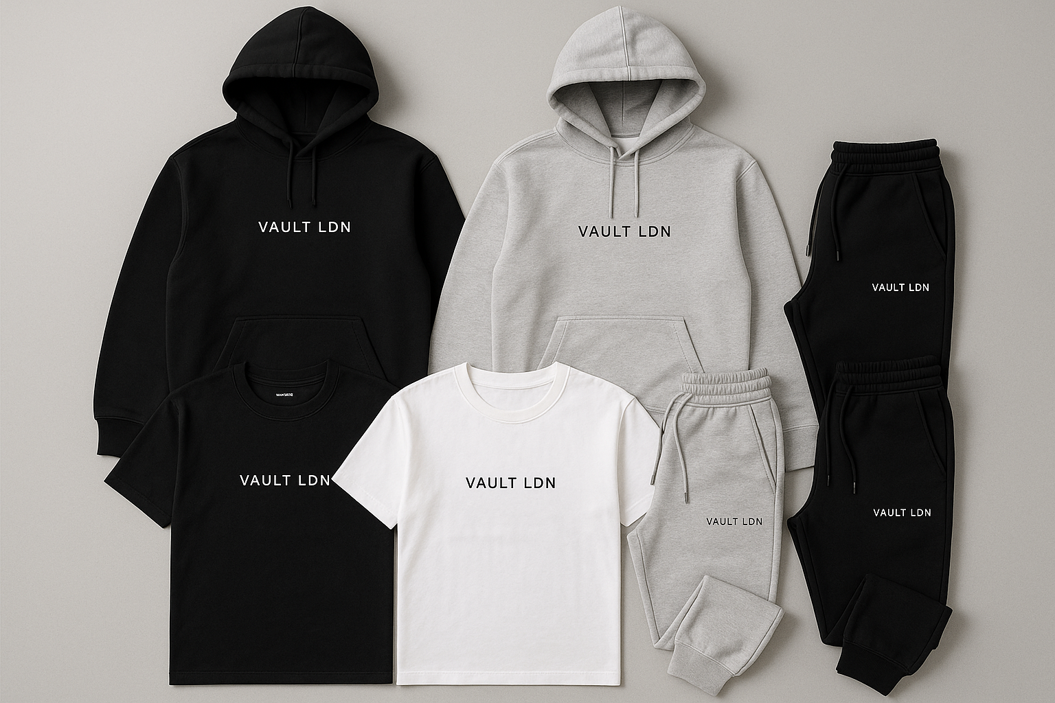 its a clothing bradn so i want the image to be of clothes that say Vault LDN on then but simplistic deisgn the clothes must fit the strretwear asthetic